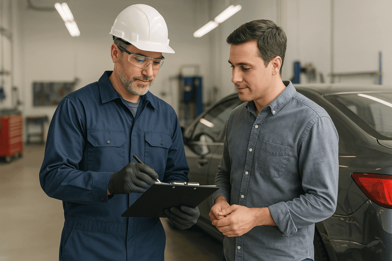 Technician providing an auto body repair estimate to a car owner in a clean shop