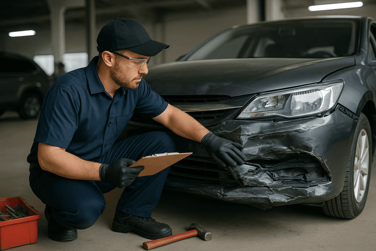 Auto body technician inspecting collision damage on a car bumper