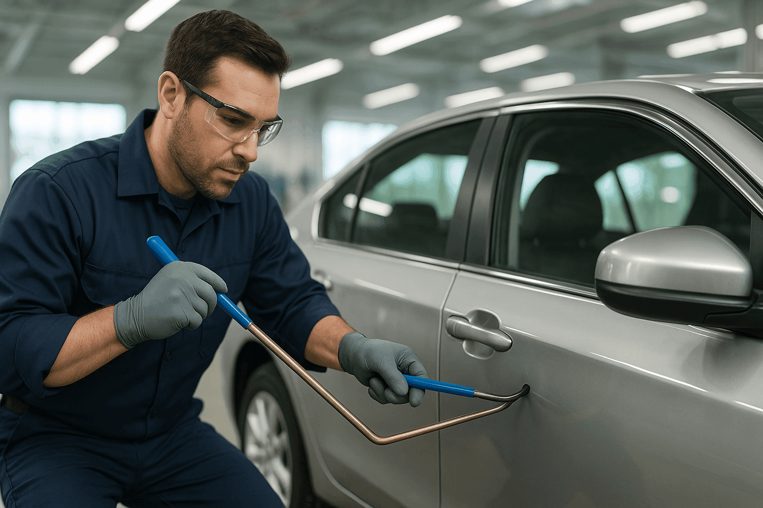 Technician removing a minor dent from a car door using specialized paintless dent repair tools