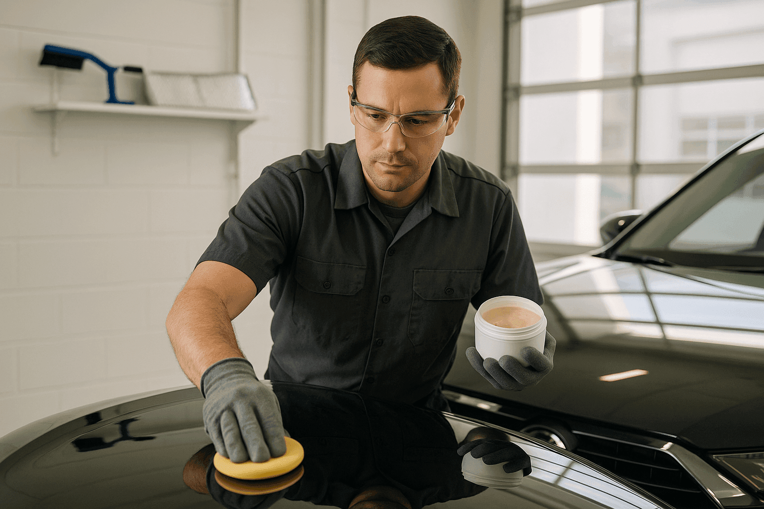 Auto technician applying protective wax to a car’s hood in a clean, well-lit shop with seasonal equipment nearby